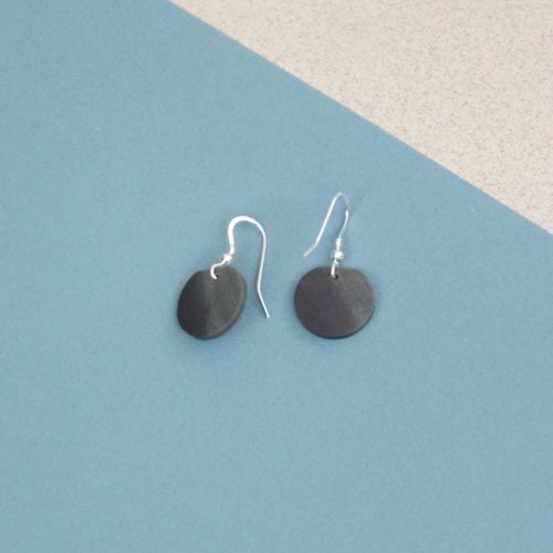 Polished Welsh Slate Round Drop Earrings on Silver Hook Findings. Presented in Gift Box.