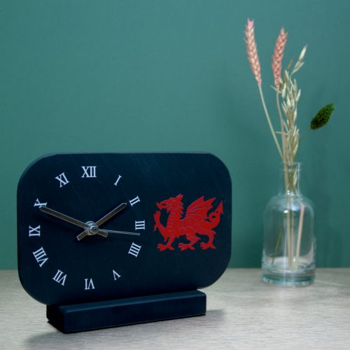 Welsh Slate Mantel Clock with roman dial & Dragon image Inigo Jones Slate Works