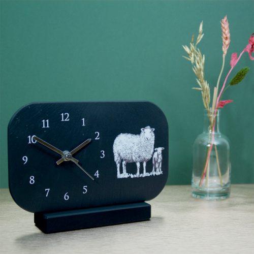 Welsh Slate Mantel Clock with Arabic dial with sheep; Ewe and lamb image Inigo Jones Slate Works
