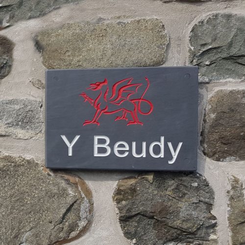 Y Beudy and Welsh Dragon, Welsh Slate House Name Plate