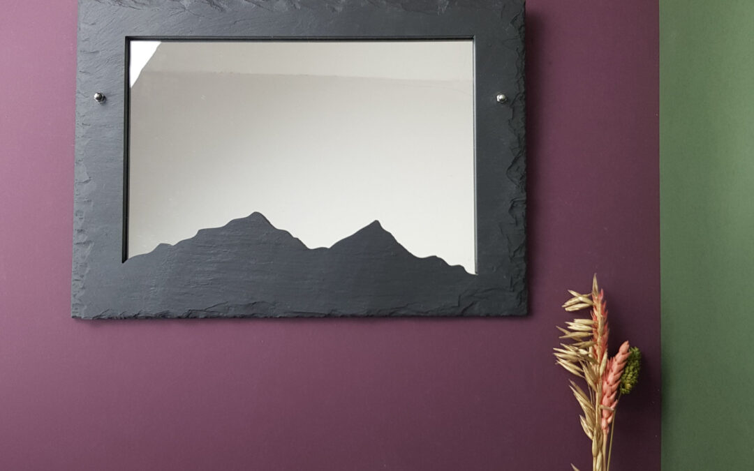 350mm x 250mm dressed edge Welsh Slate wall hanging mirror with a Mountain ridge silhouette cut out by Inigo Jones Slate Works